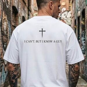 Men's White Graphic Tee with Cross Design